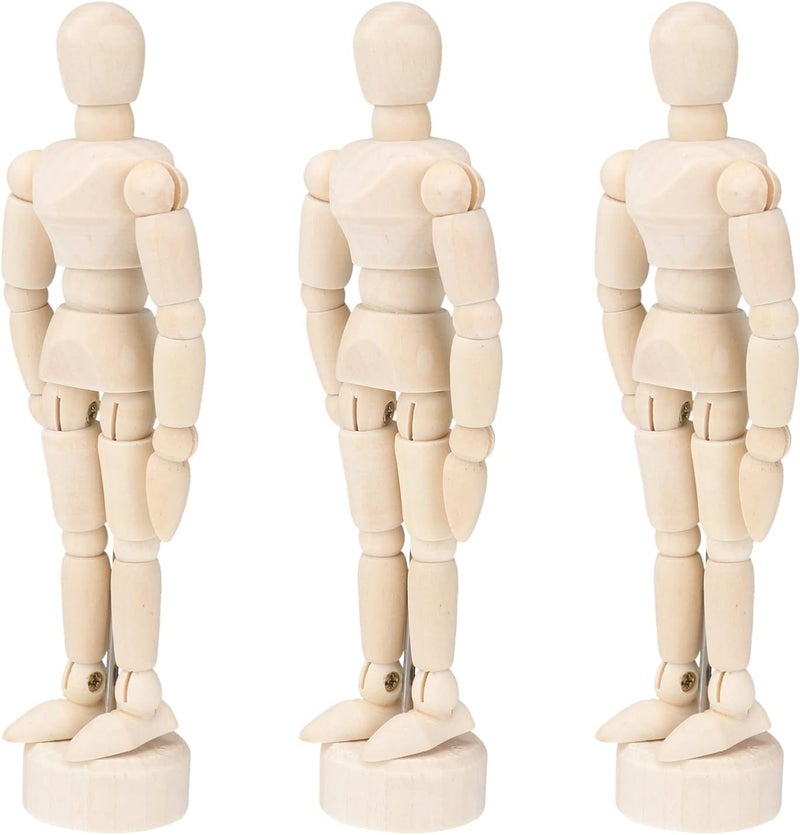 Toyvian 3pcs Wooden Mannequin Figures Artists: 4.5 Inches Jointed Artist Manikins with Stand for Drawing, Sketching, Home Office Desk Decoration - Image 4