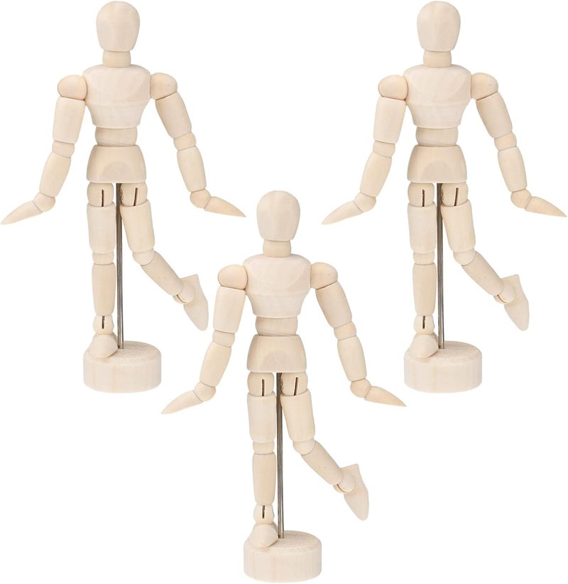 Toyvian 3pcs Wooden Mannequin Figures Artists: 4.5 Inches Jointed Artist Manikins with Stand for Drawing, Sketching, Home Office Desk Decoration - Image 3