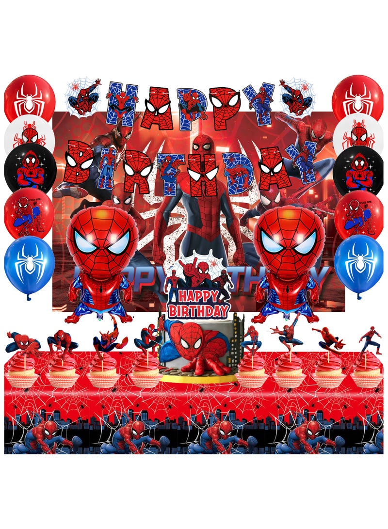 إيلوفهابرتي مجموعة مستلزمات حفلة عيد ميلاد سبايدرمان - 30 قطعة مجموعة حفلة سبايدرمان مع خلفية لافتة ومفرش طاولة وبالونات سبايدرمان وزينة كعكة وما إلى ذلك زينة حفلة عيد ميلاد للأطفال على طراز سبايدرمان - Image 1