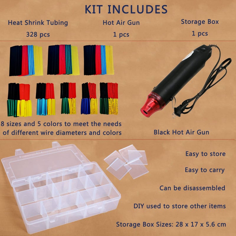 Rocsuk Heat Shrink Tubing Kit + Mini Heat Gun for Shrink Tubing - 328pcs 2:1 Wire Shrink Wrap Tubing + 300W Heat Shrink Gun with Storage Box - for Shrink Wraping,Wire and Cable Repair,Insulation Protector - Image 1