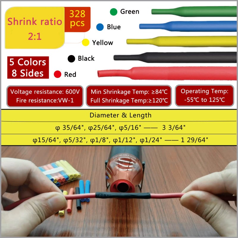 Rocsuk Heat Shrink Tubing Kit + Mini Heat Gun for Shrink Tubing - 328pcs 2:1 Wire Shrink Wrap Tubing + 300W Heat Shrink Gun with Storage Box - for Shrink Wraping,Wire and Cable Repair,Insulation Protector - Image 3