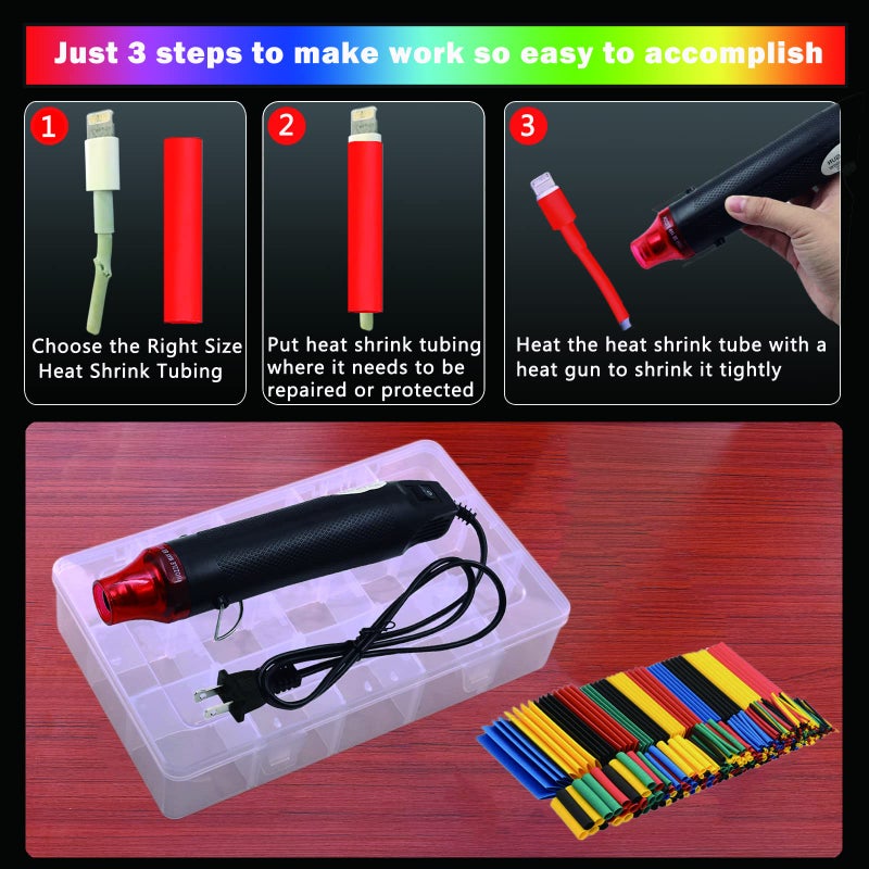 Rocsuk Heat Shrink Tubing Kit + Mini Heat Gun for Shrink Tubing - 328pcs 2:1 Wire Shrink Wrap Tubing + 300W Heat Shrink Gun with Storage Box - for Shrink Wraping,Wire and Cable Repair,Insulation Protector - Image 4