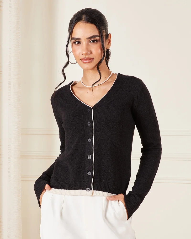 Redtag Women Black Knitted Top With Contrast Piping Detail
