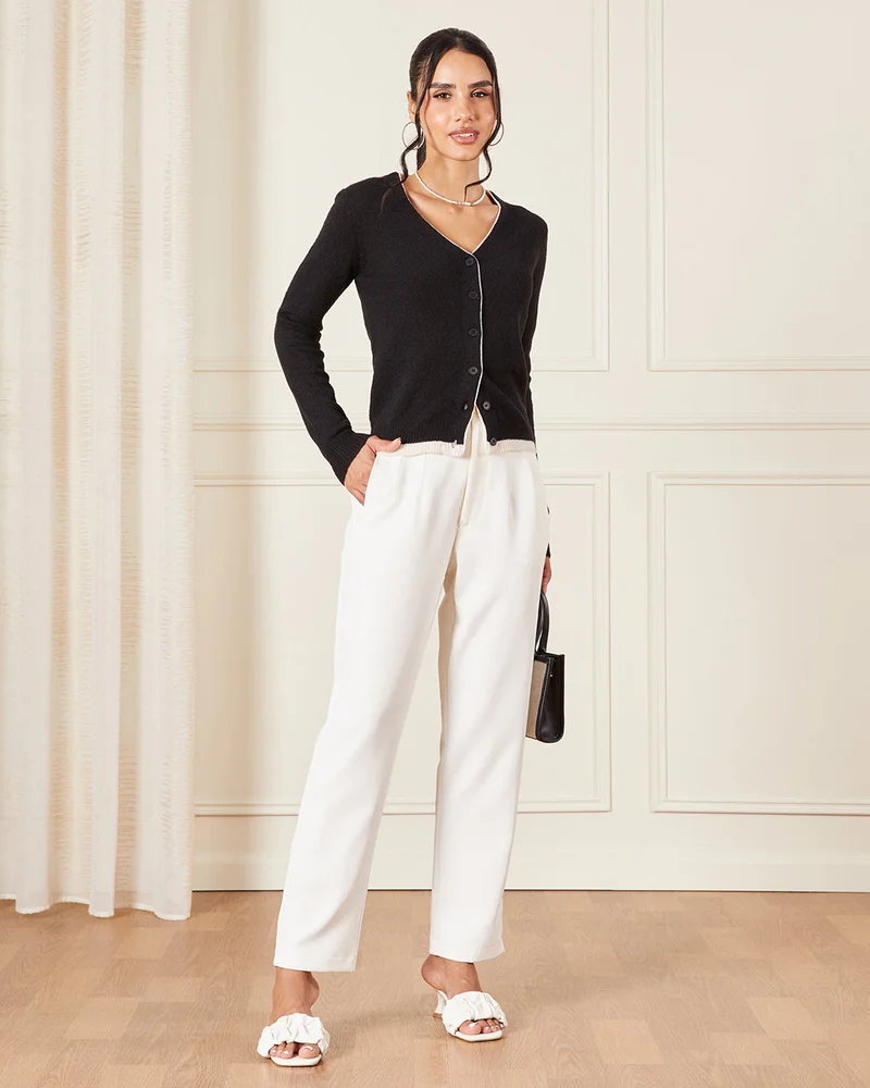 Redtag Women Black Knitted Top With Contrast Piping Detail
