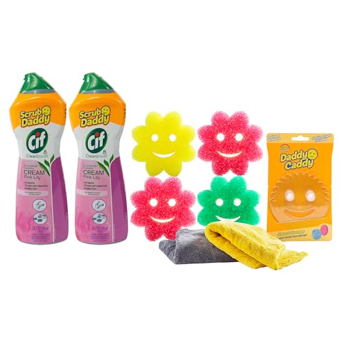 Scrub Daddy Cleaning Supplies Kit Cif Floral Bundle Includes Scrub Mommy Dish Sponges Microfiber Towels Kitchen Sink Caddy Cif Cream All Purpose Cleaner Pink Lilly 9 Count - Image 1