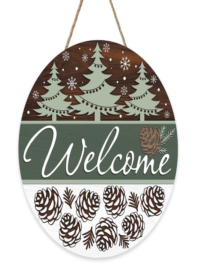 Bolisom Welcome Winter Tree Front Door Sign, Green Farmhouse Pine Cones Snowflake Wood Hanger Outdoor Outside Porch Home Decor, Rustic Christmas Wooden Wreath Indoor Wall Hanging Decoration - Image 1
