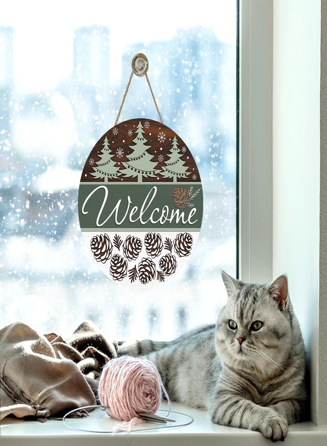 Bolisom Welcome Winter Tree Front Door Sign, Green Farmhouse Pine Cones Snowflake Wood Hanger Outdoor Outside Porch Home Decor, Rustic Christmas Wooden Wreath Indoor Wall Hanging Decoration - Image 5