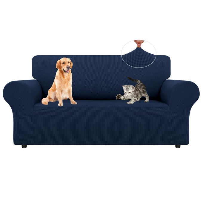 STRETCH LOVESEAT SOFA SLIPCOVERS 1 PIECE COUCH COVERS FOR SOFA FURNITURE PROTECTOR FULL SOFA COVERS WITH ELASTIC BOTTOM FOR KIDS AND DOG MEDIUM NAVY