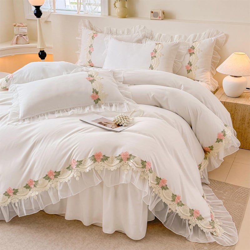 MOOWOO Floral Chic Lace Ruffled Bedding Set, 1 Duvet Cover + 2 Pillowcases Set,Girl French Princess Style Bedding-2 Piece Twin Duvet Cover with Zipper Closure -Ultra Soft and Light Weight-No Comforter - Image 2