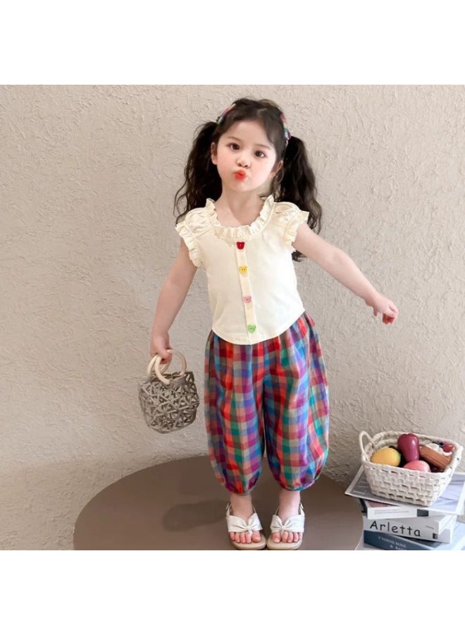 Girls' Summer Outfit Fashion New Korean Style Thin Trendy Stylish Two-piece Set Baby Short-sleeve Plaid Pants