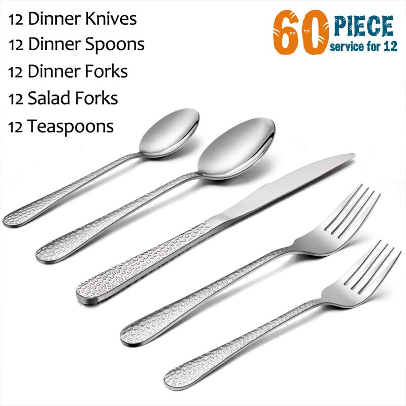 E-far Silverware Set for 12, E-far 60-Piece Hammered Flatware Cutlery Set, Stainless Steel Eating Utensils for Kitchen Hotel Restaurant Party, Modern Design & Mirror Finished - Dishwasher Safe - Image 2