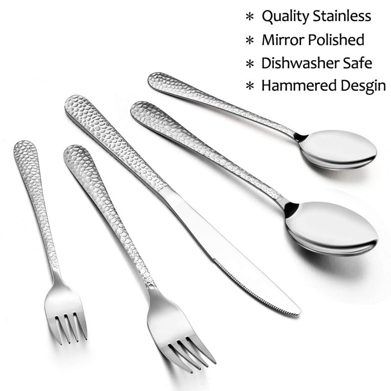 E-far Silverware Set for 12, E-far 60-Piece Hammered Flatware Cutlery Set, Stainless Steel Eating Utensils for Kitchen Hotel Restaurant Party, Modern Design & Mirror Finished - Dishwasher Safe - Image 3