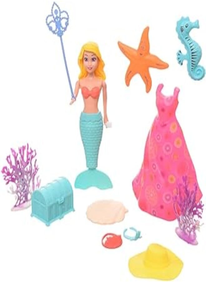 Plastic Mermaid Shaped Dressing Doll With Dresses, Accessories And Marine Organisms Set Of 13 Pieces - Multi Color 