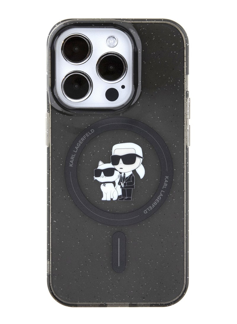 كارل لاغرفيلد جراب ماجسيف لهاتف آيفون 16 برو IML Glitter Hard Cover مع شعار Karl & Choupette للحماية من السقوط / تصميم رفيع / خفيف الوزن / قبضة مريحة - أسود - Image 1