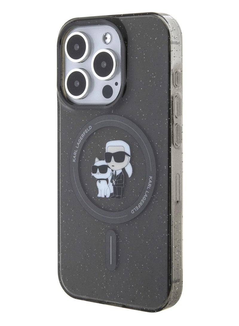 كارل لاغرفيلد جراب ماجسيف لهاتف آيفون 16 برو IML Glitter Hard Cover مع شعار Karl & Choupette للحماية من السقوط / تصميم رفيع / خفيف الوزن / قبضة مريحة - أسود - Image 2