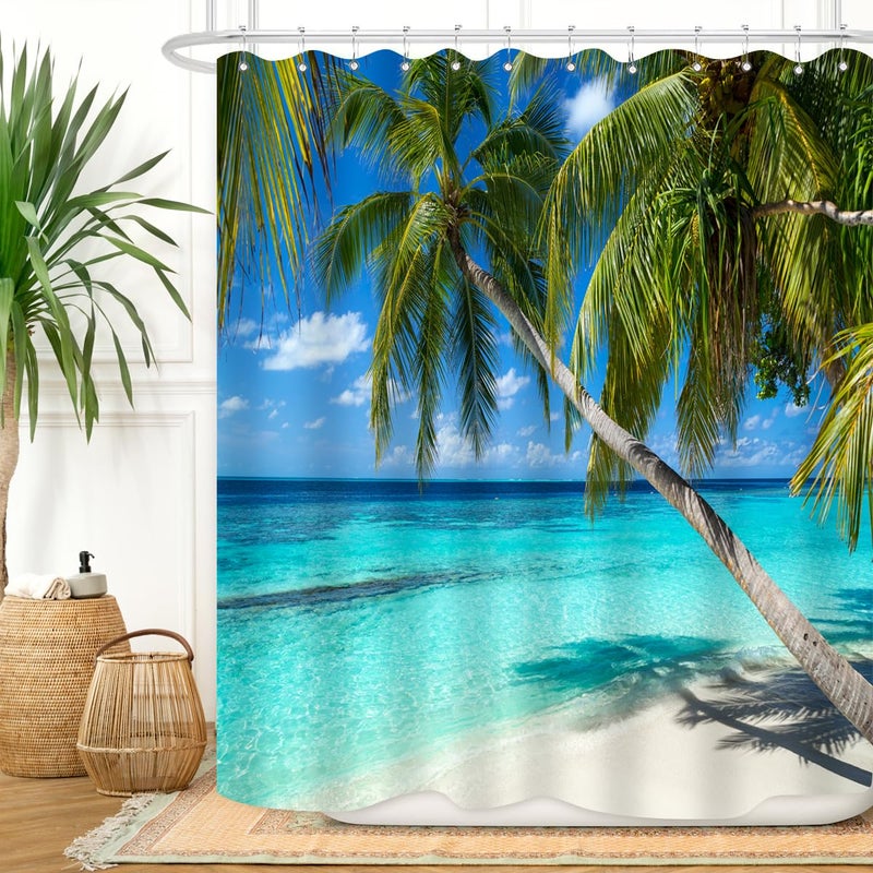 ZXMBF Ocean Shower Curtain Palm Trees Beach Summer Seaside Tropical Island Coastal Landscape Waterproof Polyester Fabric Home Bathroom Decor 12PCS Plastic Hooks 72Lx60W inches - Image 2