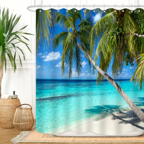 ZXMBF Ocean Shower Curtain Palm Trees Beach Summer Seaside Tropical Island Coastal Landscape Waterproof Polyester Fabric Home Bathroom Decor 12PCS Plastic Hooks 72Lx60W inches - Image 1
