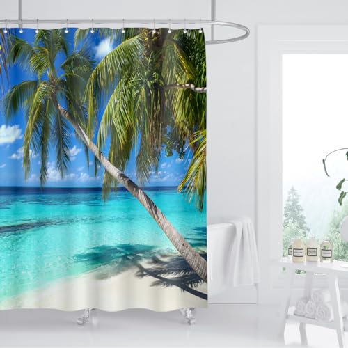 ZXMBF Ocean Shower Curtain Palm Trees Beach Summer Seaside Tropical Island Coastal Landscape Waterproof Polyester Fabric Home Bathroom Decor 12PCS Plastic Hooks 72Lx60W inches - Image 3