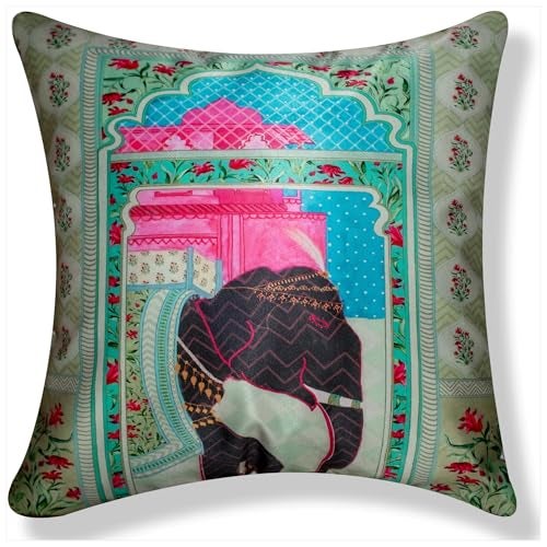 Vendola Decorative Satin Sofa Cushion Covers Set of 5, 20 Inch x 20 inch, Sofa Pillow Cover, Ethnic Festive, Multicolor, Elephant Peacock Design, Zipper Closure (Majestic, 20X20 Inches) - Image 2