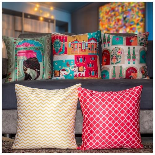 Vendola Decorative Satin Sofa Cushion Covers Set of 5, 20 Inch x 20 inch, Sofa Pillow Cover, Ethnic Festive, Multicolor, Elephant Peacock Design, Zipper Closure (Majestic, 20X20 Inches) - Image 1