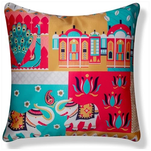 Vendola Decorative Satin Sofa Cushion Covers Set of 5, 20 Inch x 20 inch, Sofa Pillow Cover, Ethnic Festive, Multicolor, Elephant Peacock Design, Zipper Closure (Majestic, 20X20 Inches) - Image 3