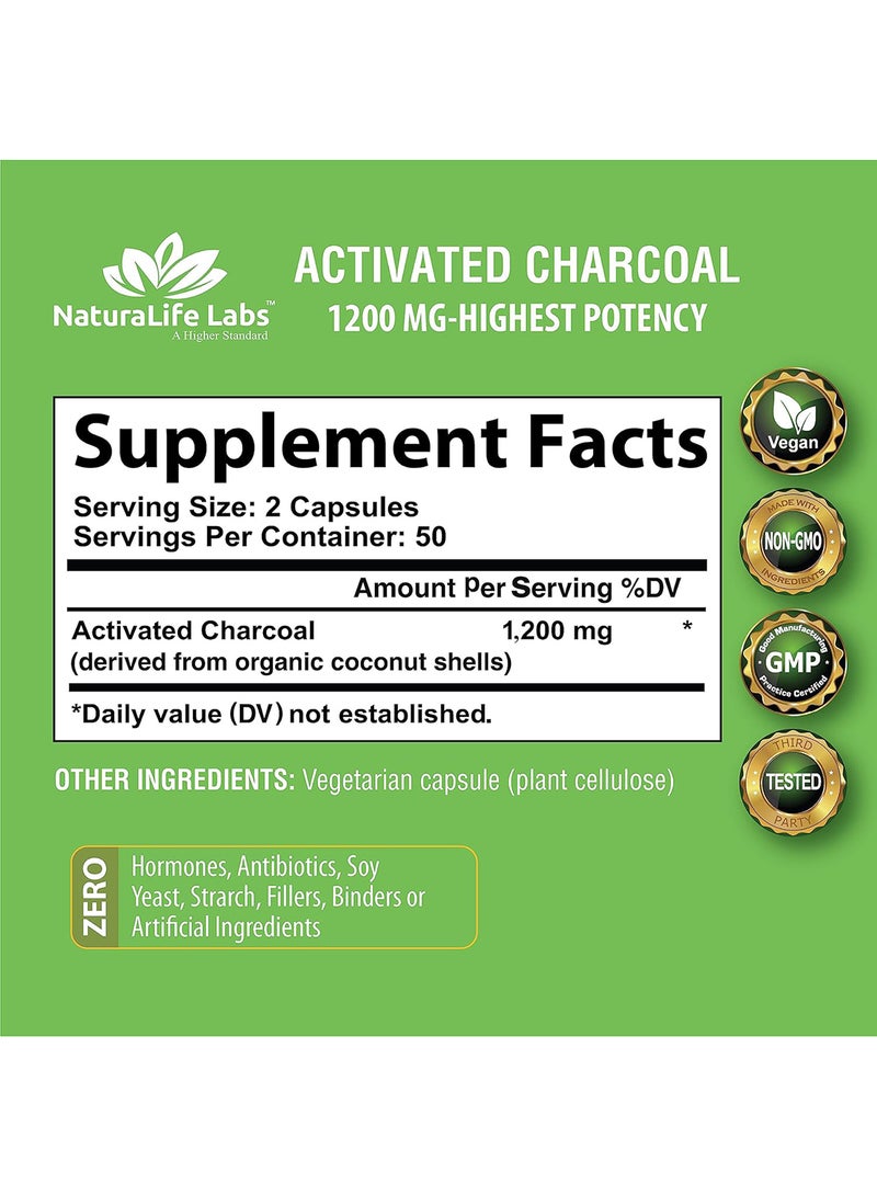 NaturaLife Labs Organic Activated Charcoal Capsules 1200 Mg 100 Vegan Capsules - Image 2
