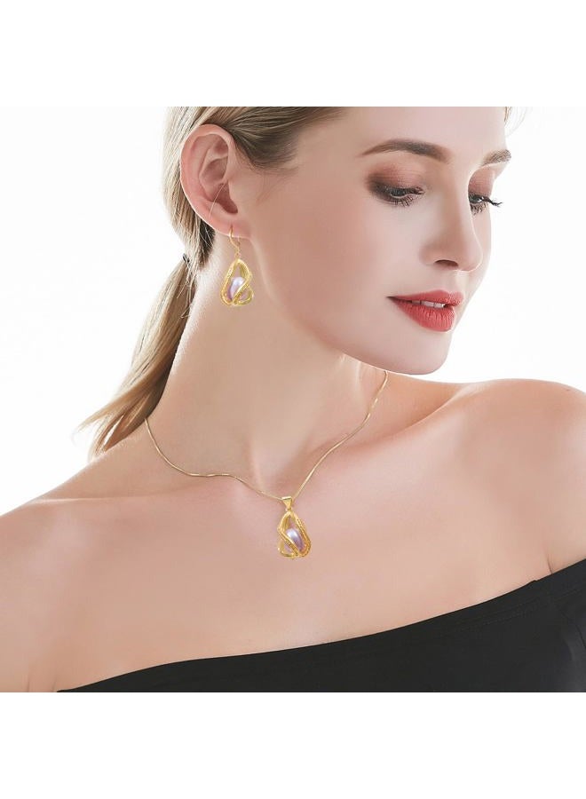 HENGSHENG Pearl Jewelry Set For Women S925 Sterling Silver/14K Gold Plated Necklace & Earrings Set Freshwater Pearl Pendant Cage Set for Wedding Anniversary Prom Birthday Gift, General, Copper - Image 2