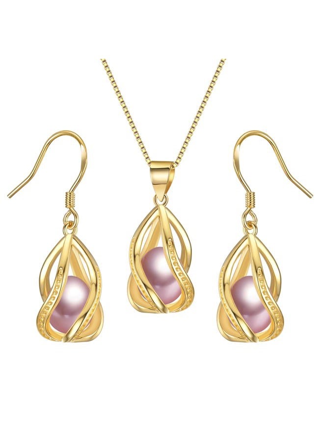 HENGSHENG Pearl Jewelry Set For Women S925 Sterling Silver/14K Gold Plated Necklace & Earrings Set Freshwater Pearl Pendant Cage Set for Wedding Anniversary Prom Birthday Gift, General, Copper - Image 1