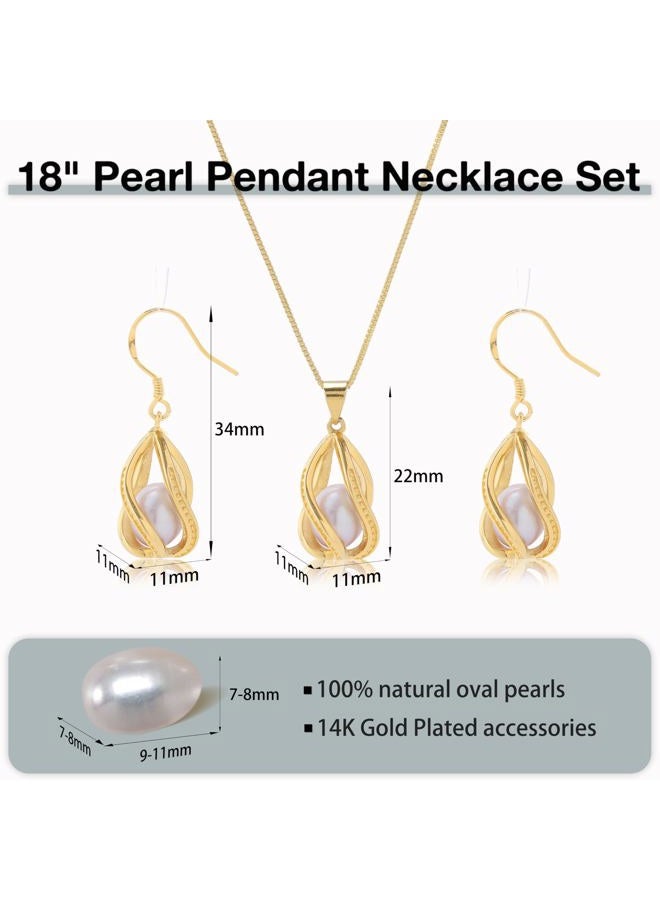 HENGSHENG Pearl Jewelry Set For Women S925 Sterling Silver/14K Gold Plated Necklace & Earrings Set Freshwater Pearl Pendant Cage Set for Wedding Anniversary Prom Birthday Gift, General, Copper - Image 3