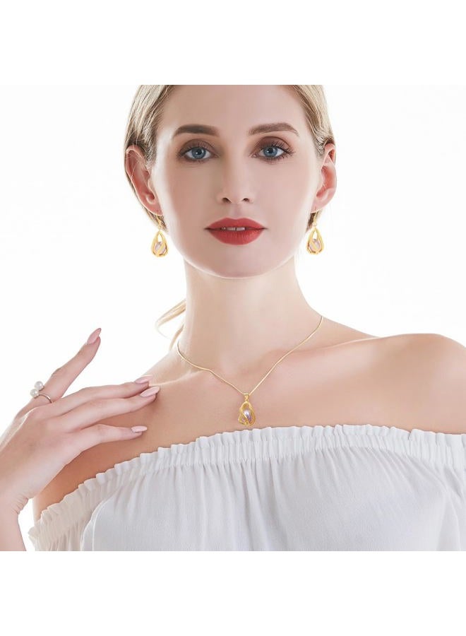 HENGSHENG Pearl Jewelry Set For Women S925 Sterling Silver/14K Gold Plated Necklace & Earrings Set Freshwater Pearl Pendant Cage Set for Wedding Anniversary Prom Birthday Gift, General, Copper - Image 5