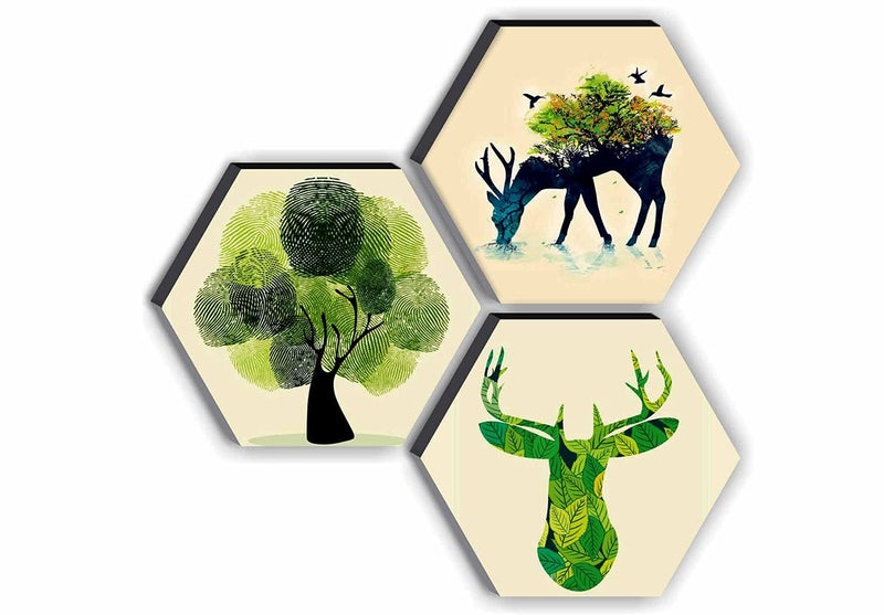 SAF paintings 6MM MDF Reindeer with Flower 3 Piece Hexagon MDF Board Self Addeshive Painting 21 inch X 21 inch AANFHX11 - Image 1