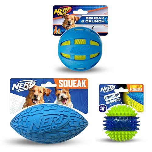 Nerf Dog Toy Gift Set 3Piece Set of Outdoor Dog Toys for Fetch Includes Checker Crunch Ball Spike LED Squeak Ball and Tire Squeak Football - Image 1