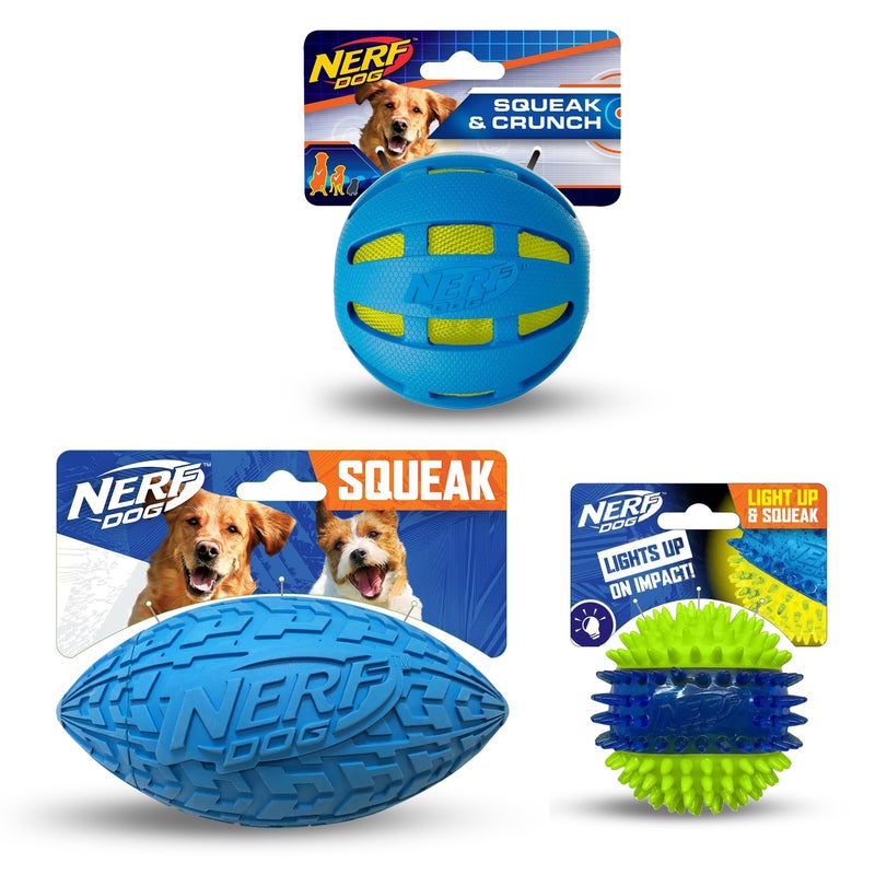 Nerf Dog Toy Gift Set 3Piece Set of Outdoor Dog Toys for Fetch Includes Checker Crunch Ball Spike LED Squeak Ball and Tire Squeak Football - Image 2