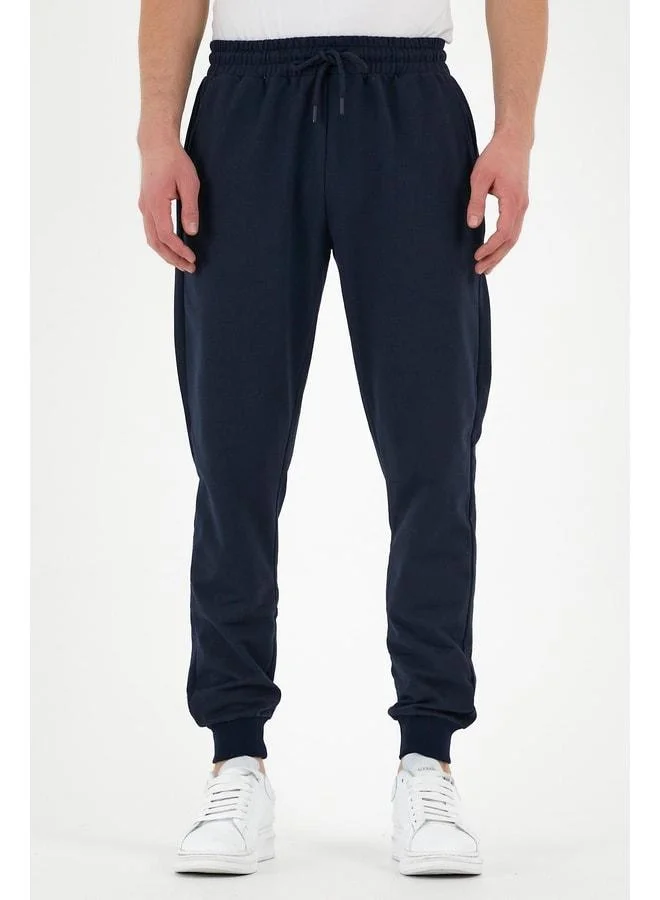 Mmetalic Navy Blue Men's Sweatpants with Label and Back and Side Pockets, Regular Fit