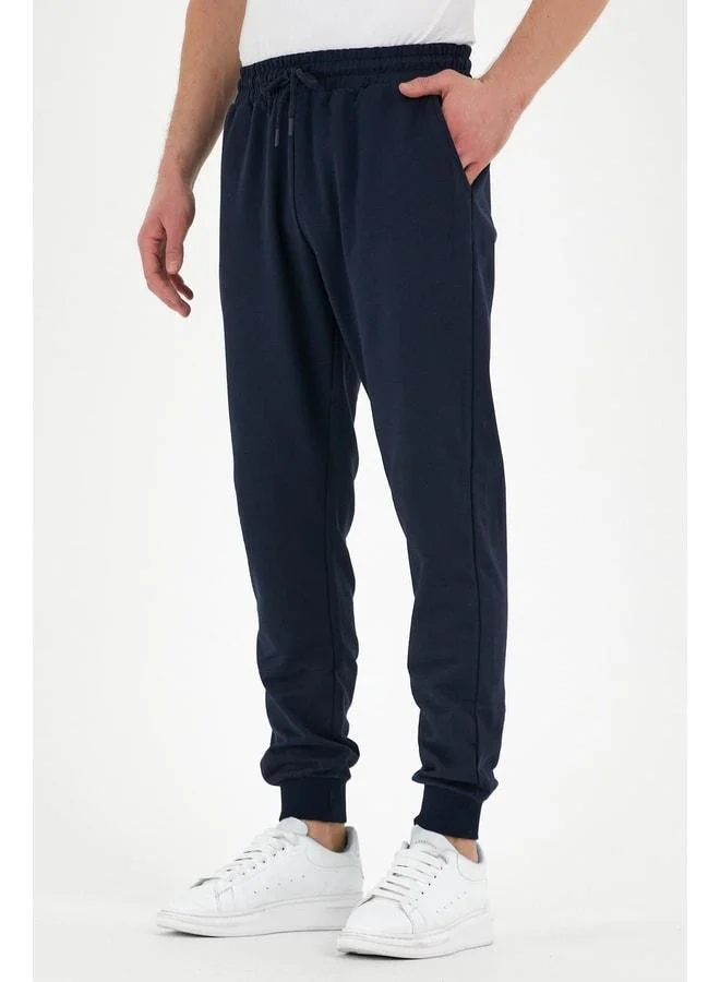Mmetalic Navy Blue Men's Sweatpants with Label and Back and Side Pockets, Regular Fit