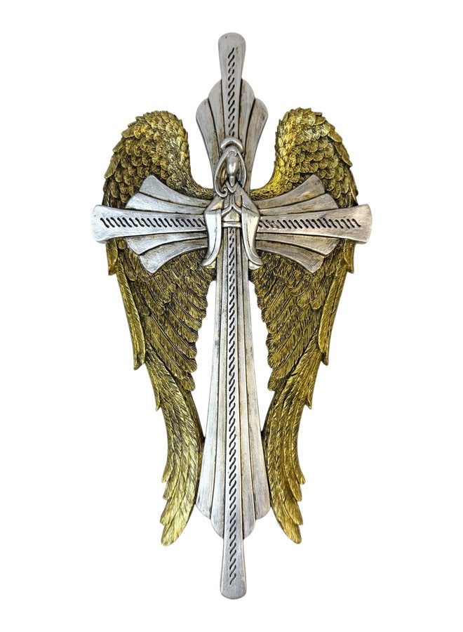 Top Brass Decorative Angel Wing Wall Cross - Gold and Silver Wings Religious Hanging Décor - Christian Home Accent - Inspirational Faith Sculpture - Image 1