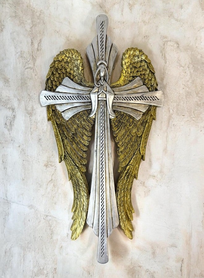 Top Brass Decorative Angel Wing Wall Cross - Gold and Silver Wings Religious Hanging Décor - Christian Home Accent - Inspirational Faith Sculpture - Image 2