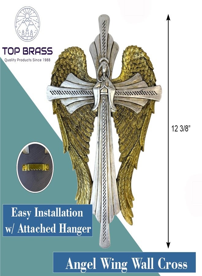 Top Brass Decorative Angel Wing Wall Cross - Gold and Silver Wings Religious Hanging Décor - Christian Home Accent - Inspirational Faith Sculpture - Image 3
