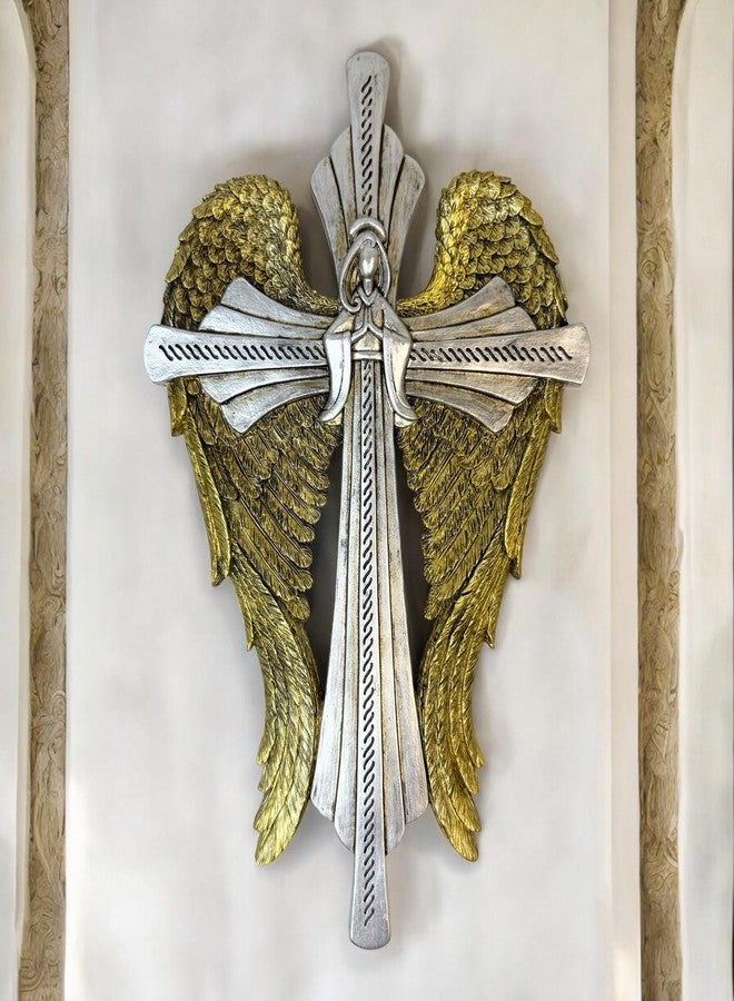 Top Brass Decorative Angel Wing Wall Cross - Gold and Silver Wings Religious Hanging Décor - Christian Home Accent - Inspirational Faith Sculpture - Image 4