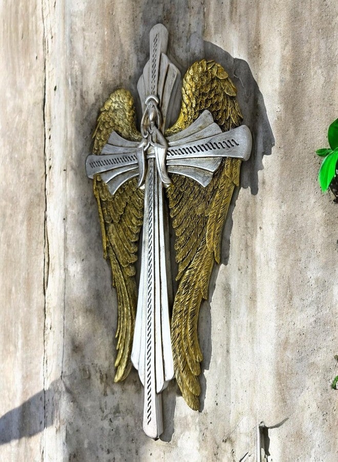 Top Brass Decorative Angel Wing Wall Cross - Gold and Silver Wings Religious Hanging Décor - Christian Home Accent - Inspirational Faith Sculpture - Image 5