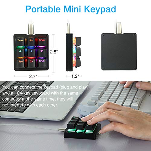 Koolertron One Handed Macro Mechanical Keyboard, RGB LED Backlit Portable Mini One-Handed Mechanical Gaming Keypad OSU! Keyboard 9 Fully Programmable Keys Red Switches - Image 2