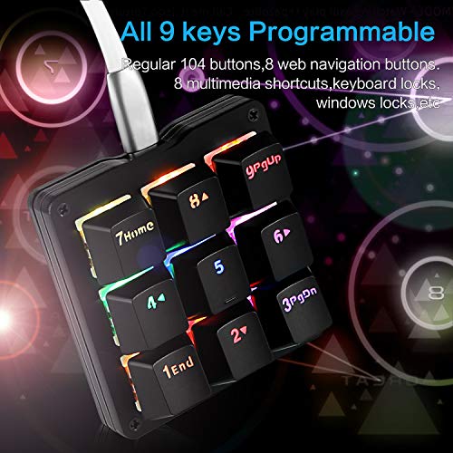 Koolertron One Handed Macro Mechanical Keyboard, RGB LED Backlit Portable Mini One-Handed Mechanical Gaming Keypad OSU! Keyboard 9 Fully Programmable Keys Red Switches - Image 3