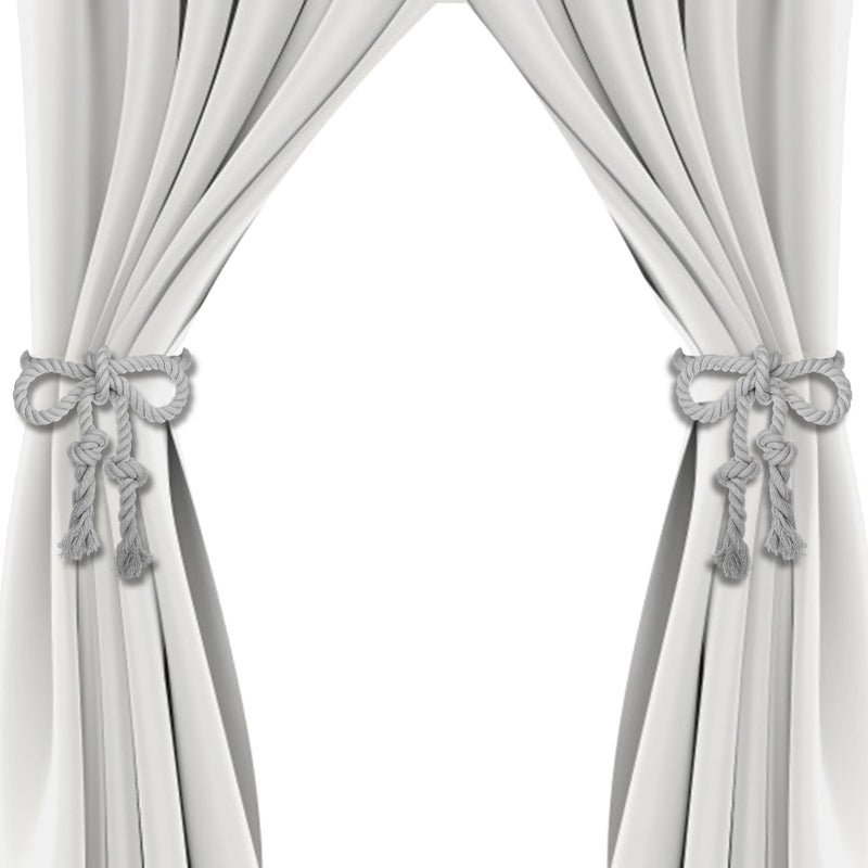 Apipi 4 Pcs Hand Woven Curtain Tiebacks No Drilling  Boho Drape Holdbacks Rope for Black Blue Grey Light Color Curtains Decorative Ties for Outdoor Yard Garden Farmhouse Drapery Grey