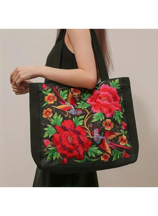 Yogodlns Flower Embroidery Canvas Tote Bag, Ethnic Style Shoulder Bag, Large Capacity Handbag For Women 