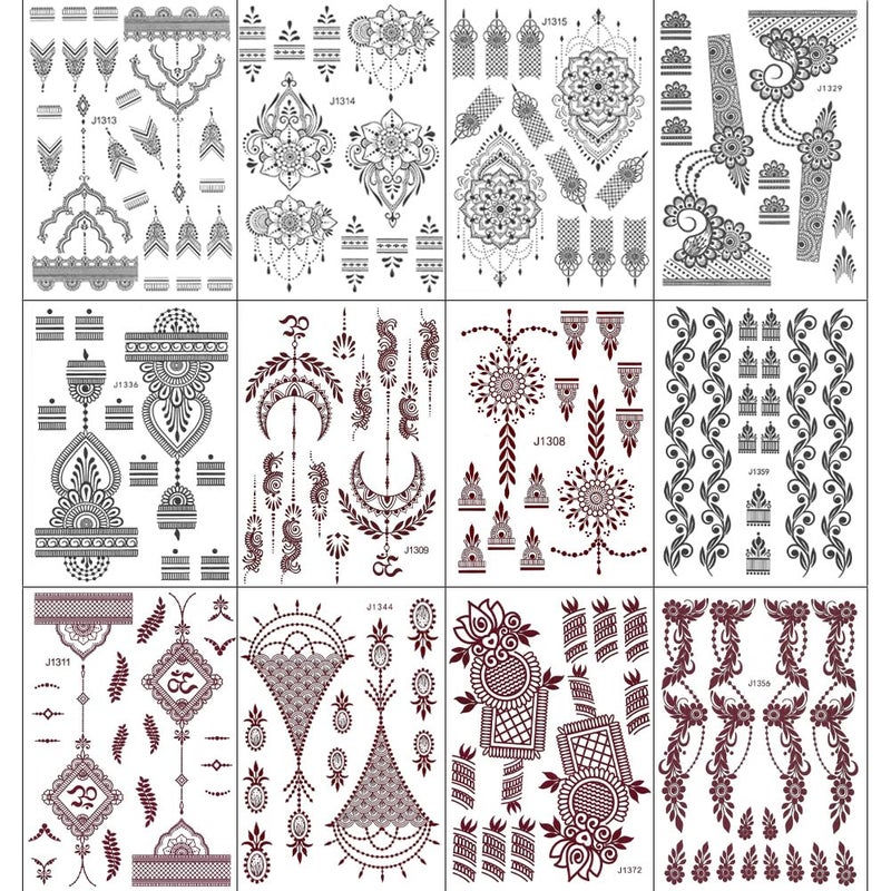 Xmasir 12 Sheets Henna Tattoo Kit, Waterproof Tattoo Stickers for Women Wedding Party Temporary Henna Sticker (Black+ Brown-12P) - Image 5