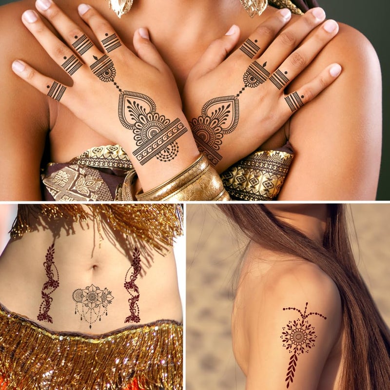 Xmasir 12 Sheets Henna Tattoo Kit, Waterproof Tattoo Stickers for Women Wedding Party Temporary Henna Sticker (Black+ Brown-12P) - Image 4