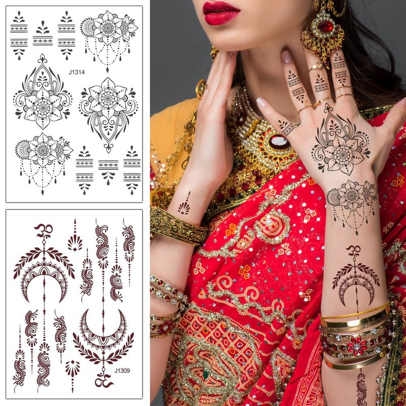 Xmasir 12 Sheets Henna Tattoo Kit, Waterproof Tattoo Stickers for Women Wedding Party Temporary Henna Sticker (Black+ Brown-12P) - Image 2