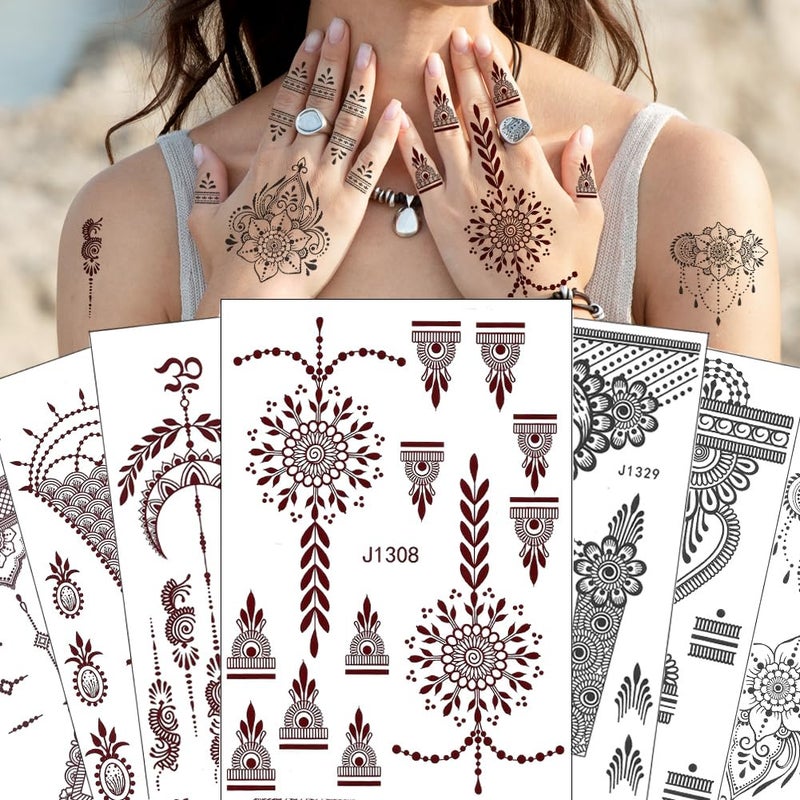 Xmasir 12 Sheets Henna Tattoo Kit, Waterproof Tattoo Stickers for Women Wedding Party Temporary Henna Sticker (Black+ Brown-12P) - Image 1