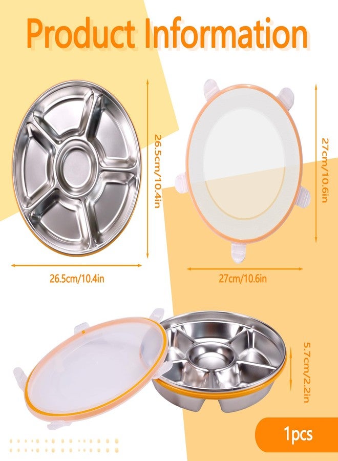 ASTIMESA Divided Serving Tray with Lid 6 Compartments, 10.4 Inch Stainless Steel Round Veggie Tray, Reusable Snack Box Container Fruit Platter Parties Fridge Food Storage Picnic (1 pcs) - Image 2
