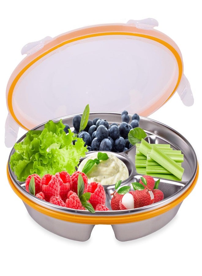 ASTIMESA Divided Serving Tray with Lid 6 Compartments, 10.4 Inch Stainless Steel Round Veggie Tray, Reusable Snack Box Container Fruit Platter Parties Fridge Food Storage Picnic (1 pcs) - Image 1